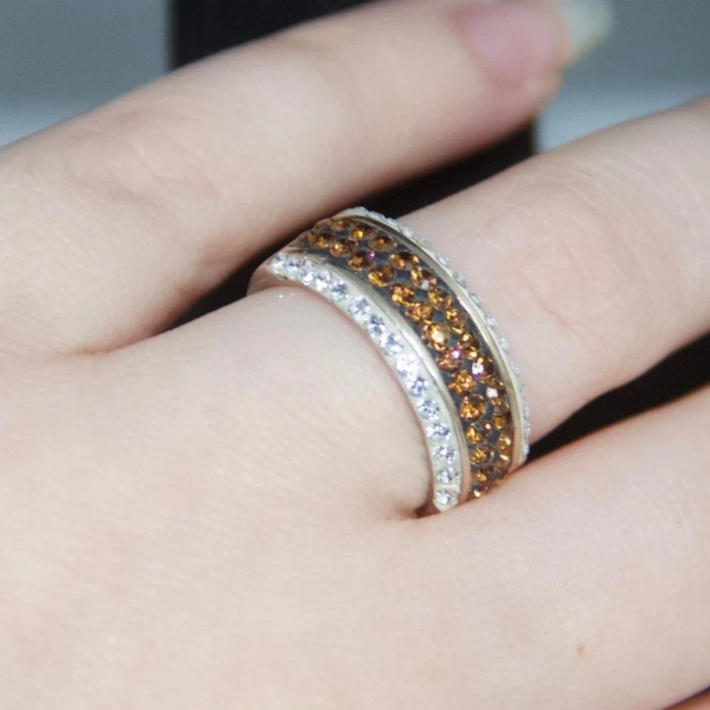 Sterling Silver Cognac and Clear Crystal Pavé Wide Band Ring Size 7